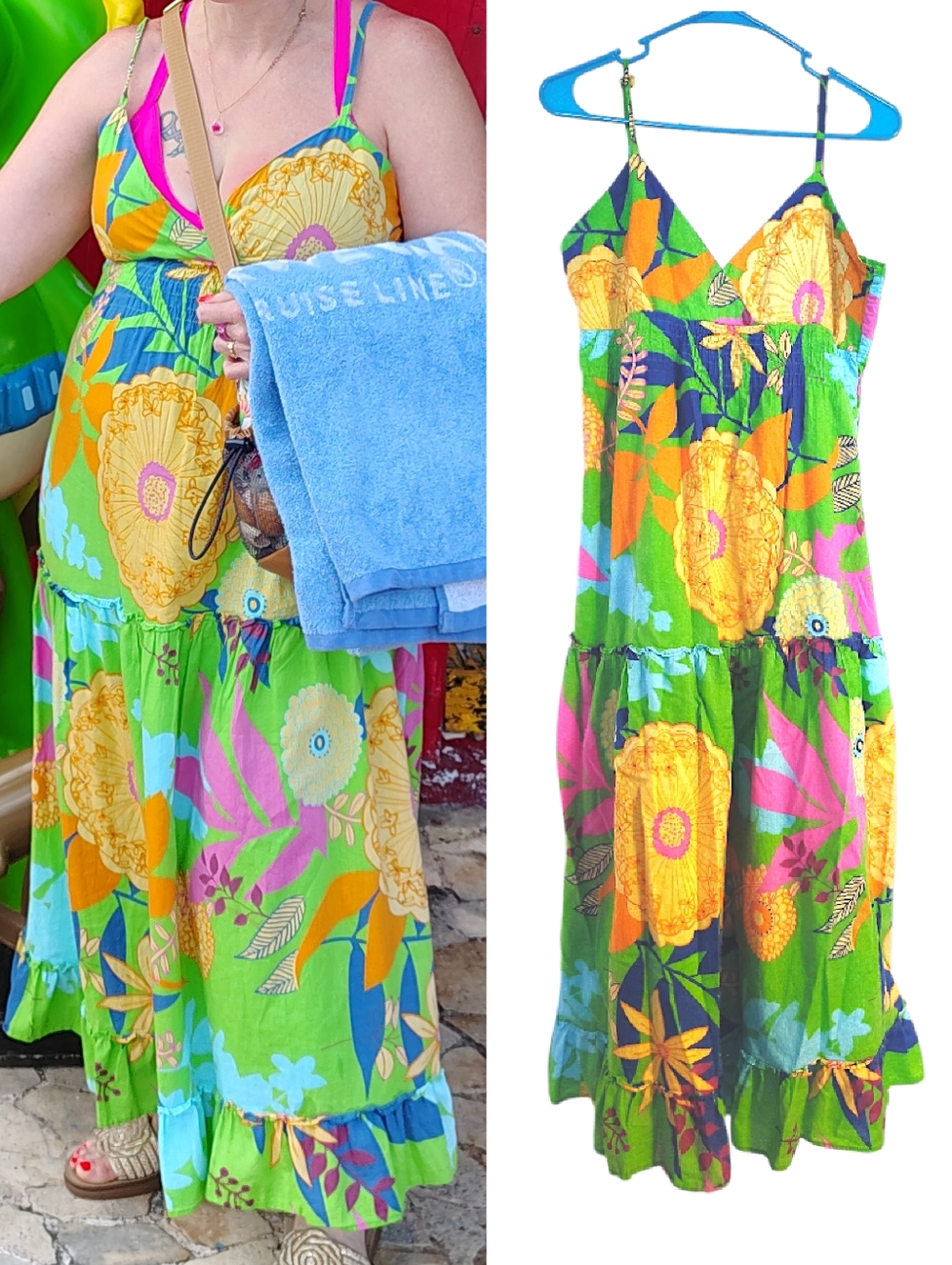 VTG Y2K Colorful Green Tropical Tank Maxi Dress Large Floral Cotton Summer